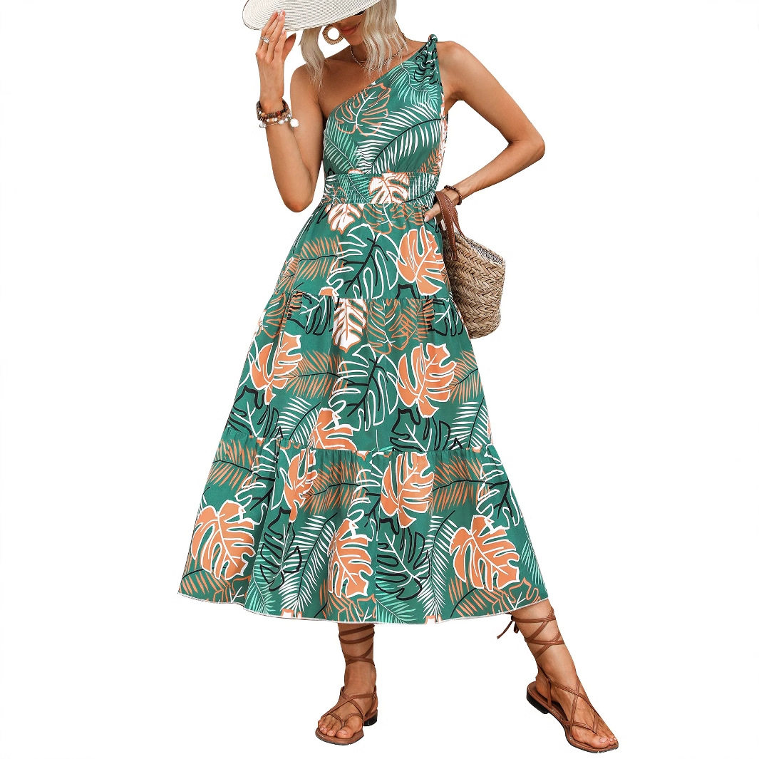 Fashionable One Shoulder Printed Dress Elegant Design Trendy Style Comfortable Fabric Perfect for Parties and Events