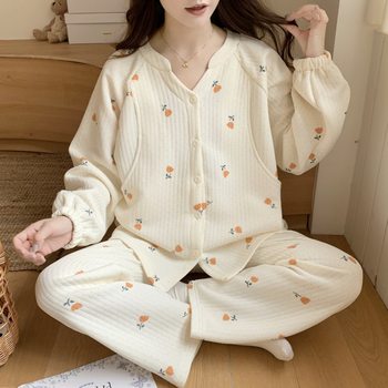 2025 Maternity Autumn and Winter Maternity Clothes Large Size Nursing Pajamas Air Cotton Postpartum Breastfeeding Warm Interlayer Home Clothes