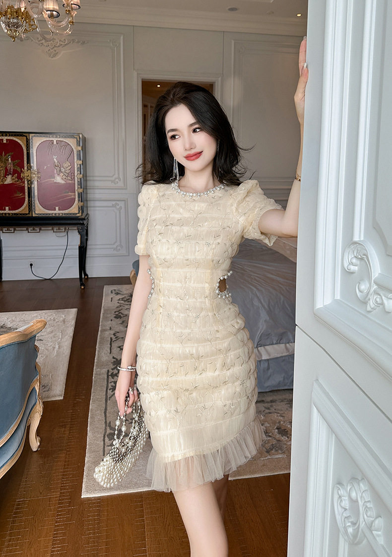 Đầm suông nữ midi cổ tròn thêu hoa tay ngắn — [Màu hồng đào] chi tiết 10