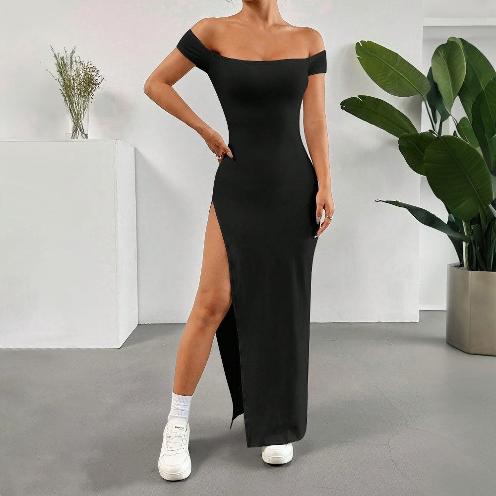 Elegant Black Off Shoulder Midi Dress Sexy Split Design Spring Summer Fashion Wholesale Available