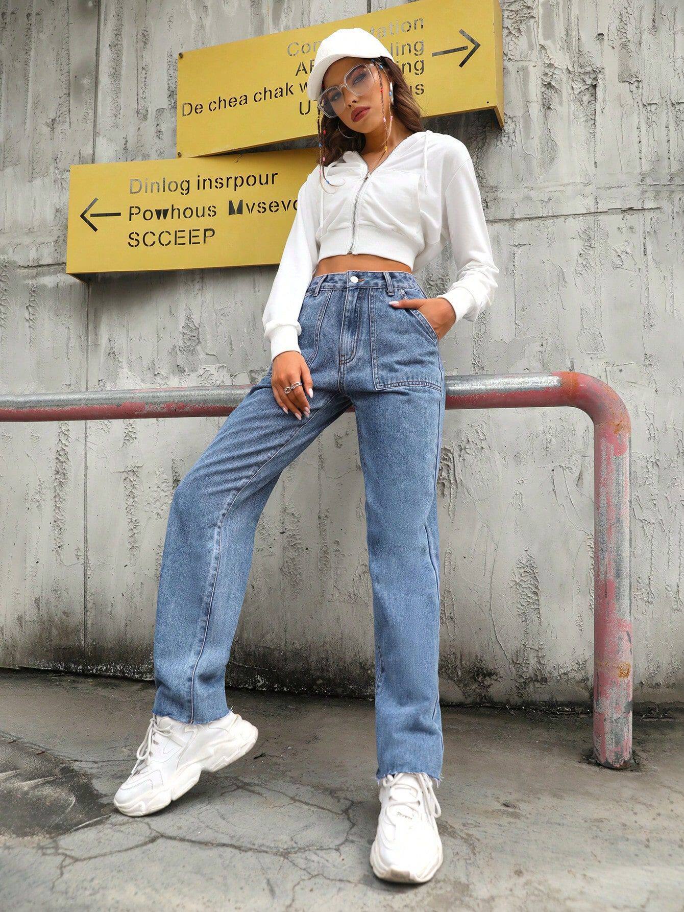 High Waisted Wide Leg Jeans Slim Fit Large Pockets Denim Fabric Casual Wear for Women Wholesale Available