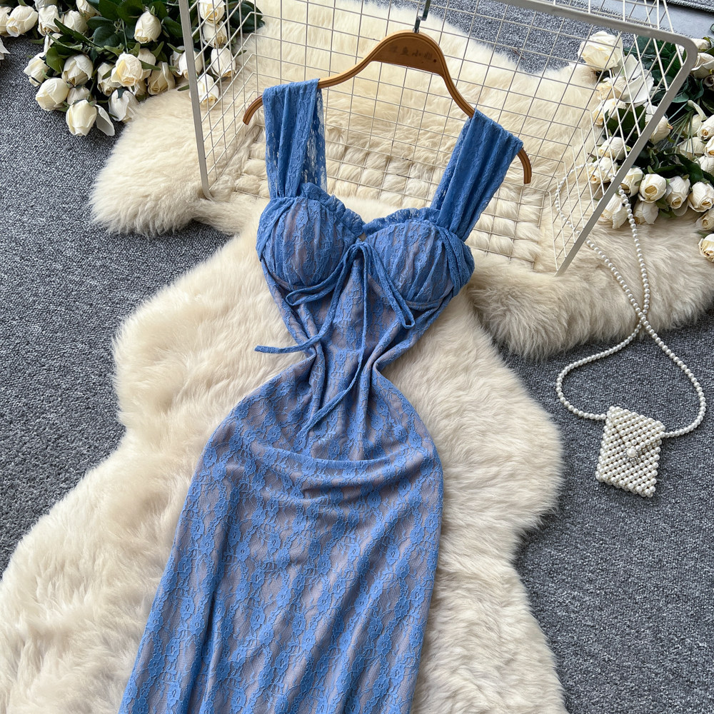 Blue Lace Slip Dress Slim Fit Backless Mermaid Hem Summer Vacation Evening Wear Wholesale Available