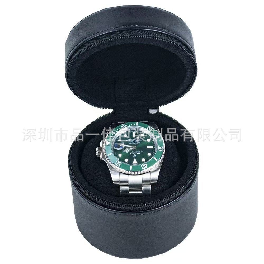 Factory in stock PU leather cylindrical single zipper watch box portable compact anti-drop mechanical watch box