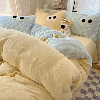 Class a Ins Cream Style Milk Velvet Four-Piece Set Winter Thickeneded Coral Velvet Bed Sheetss and Quilt Covers Dormitory Bedding Three-Piece Set