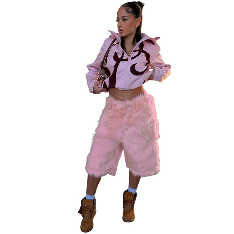 Womens Hip Hop Style Plush Loose Fit Low Waist Shorts Unique Design Versatile Comfortable Autumn Collection