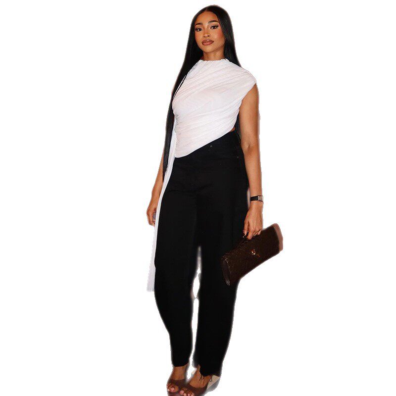 Womens Asymmetrical Sleeveless T Shirt Solid Color Slim Fit Tie Detail Casual Summer Top Wholesale Available