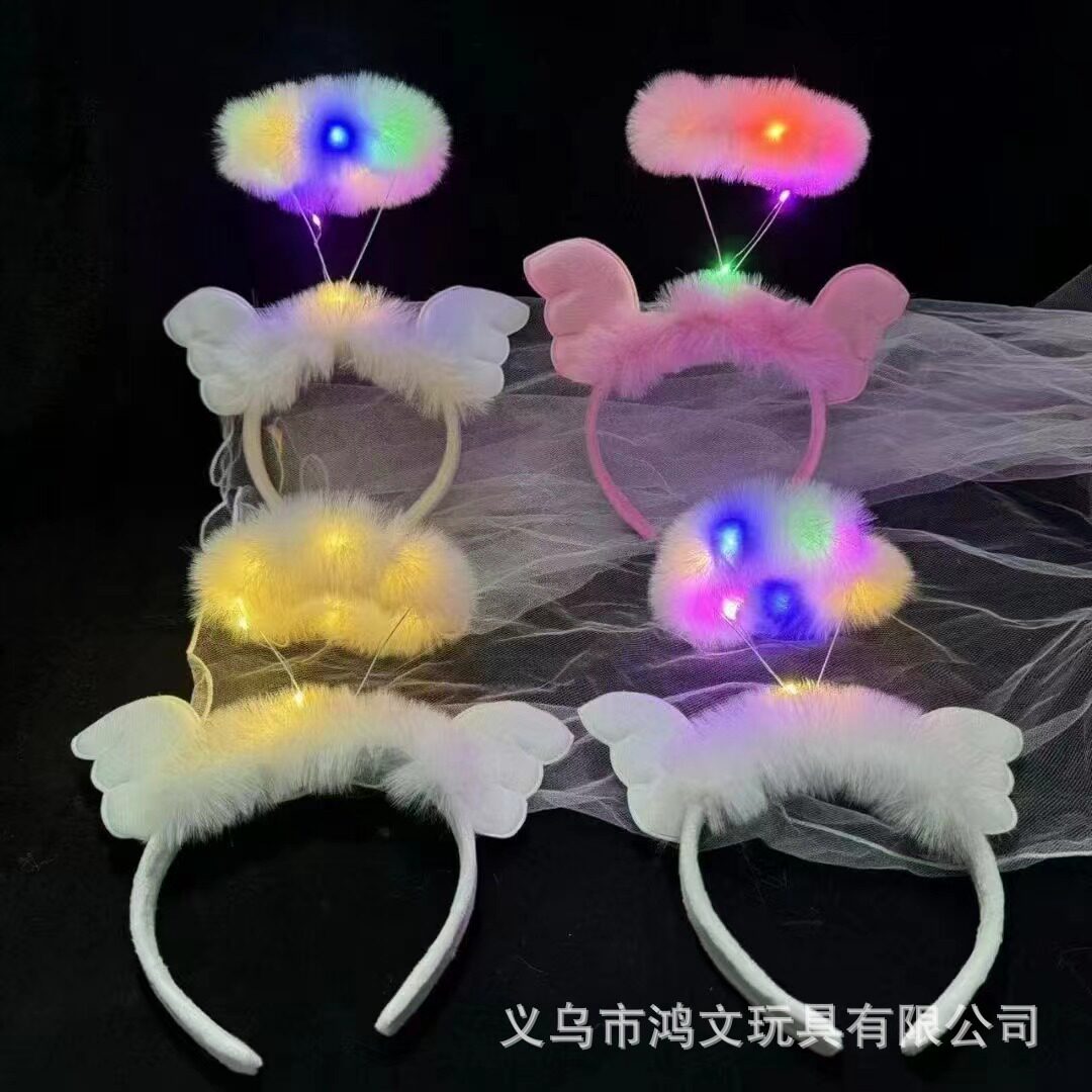 跨境热卖14灯毛毛兔耳朵发光发箍地推金丝羽毛猫耳朵发光头箍玩具