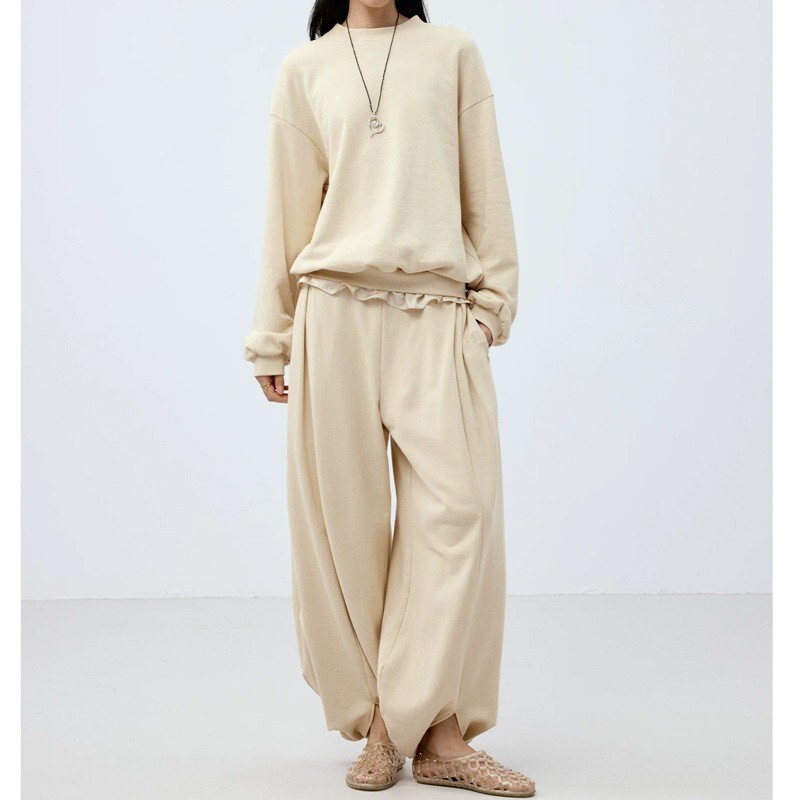 Bộ đôi áo hoodie cổ tròn vai trễ phối quần ống rộng màu trơn phong cách tối giản — Quần màu xanh navy, Áo màu xanh navy