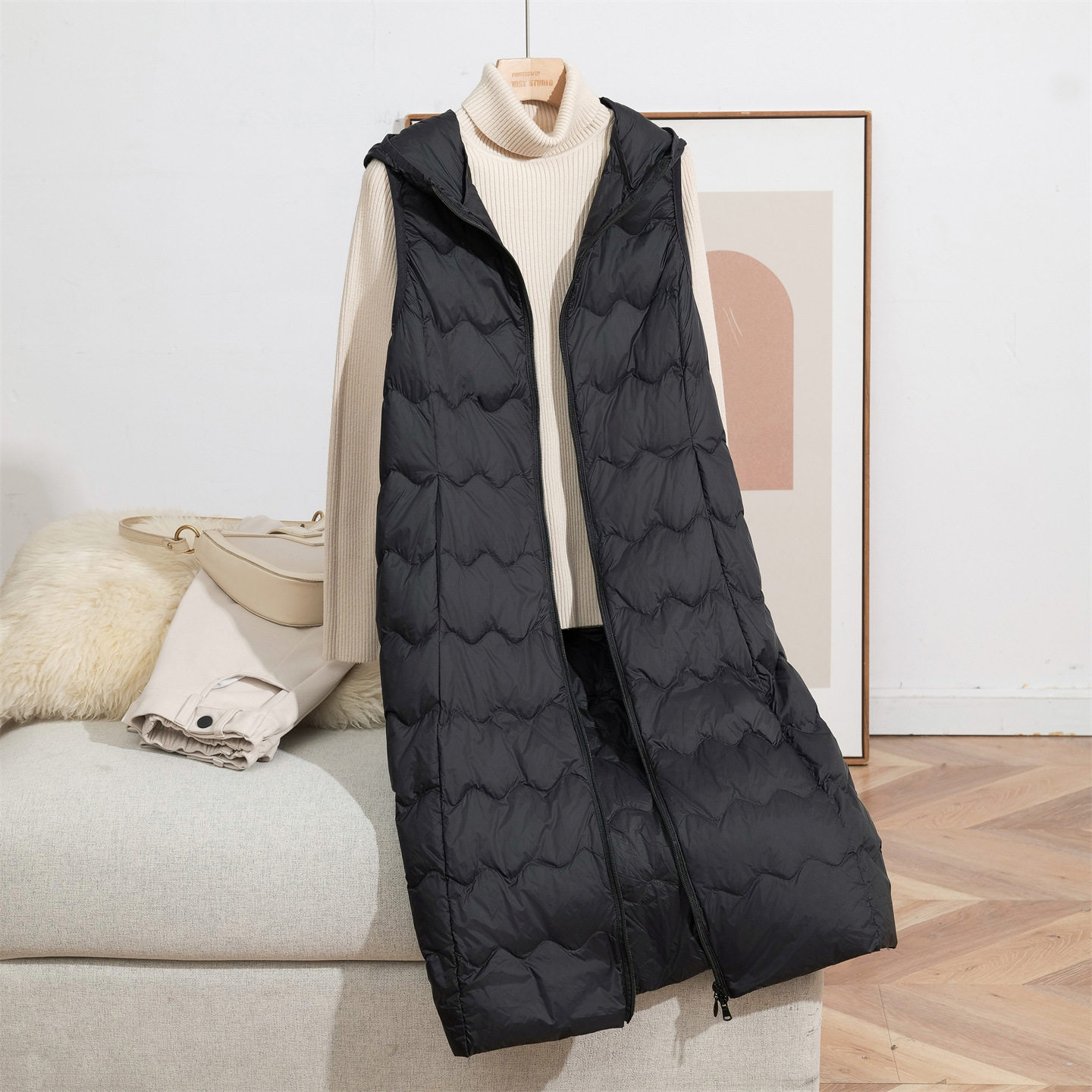 Youjia Clothing Lightweight down Vest for Women, Long Hooded Style, 2025 Autumn/Winter New Model, White Duck down Inner Liner, Warm Vest