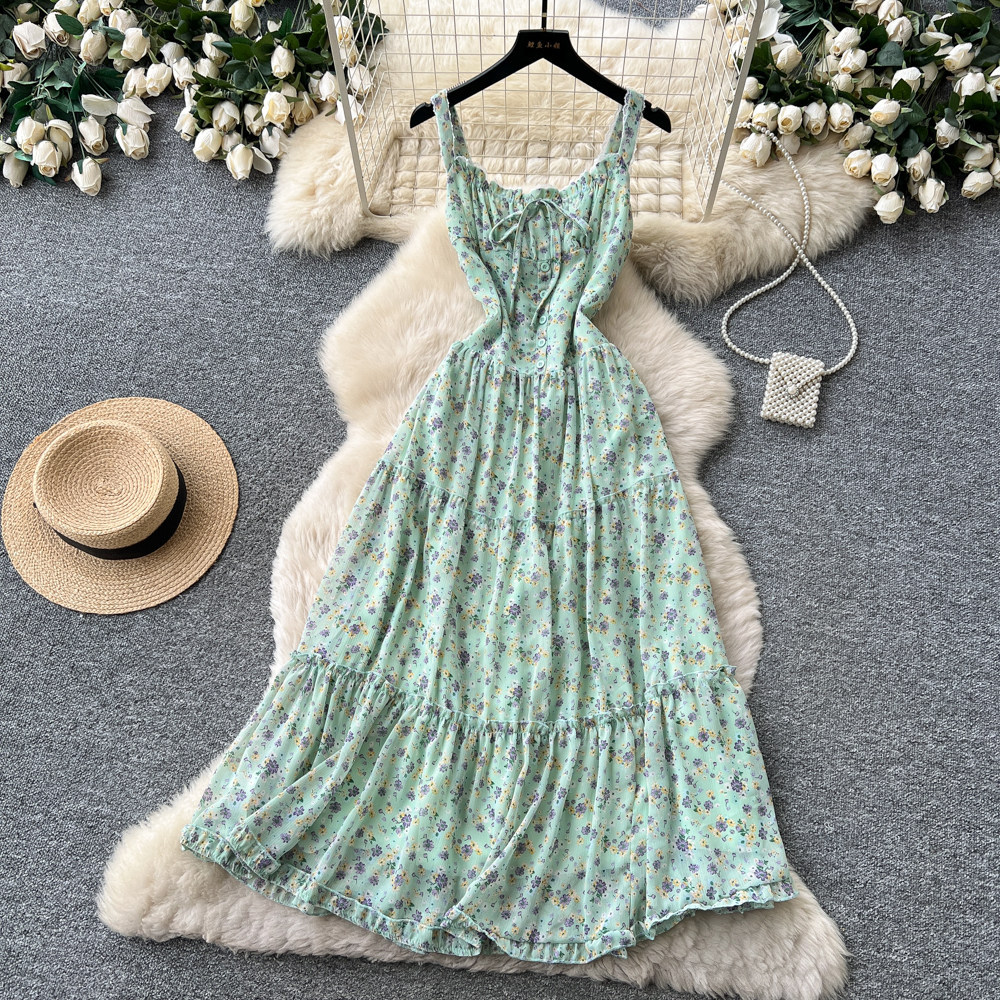 Floral Print Maxi Dress Sweet French Style Mint Green Lace Trim Waist Defining Summer Vacation Wear Wholesale