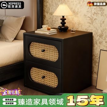Solid Wood Retro Rattan Bedside Table, Antique Style Black Small Home Bedroom 2025 Hot Style Accessible Luxury and High-End Sense