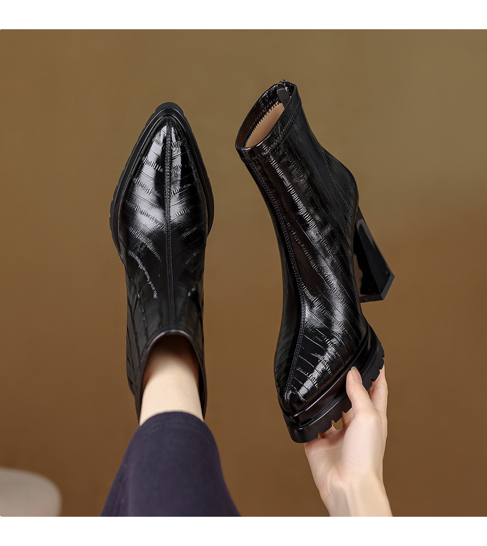 Boot nữ cao gót 10cm mũi nhọn da thật, cổ thấp gót vuông khóa kéo sau — Bảng màu nâu, Màu đen bên trong, Màu nâu., Trong danh sách đen