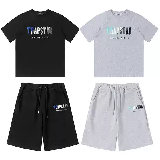 Cross-Border Export Trapstar Rainbow Letter Gradient Towel Embroidered Short-Sleeved T-Shirt Fog High Street Shorts Suit