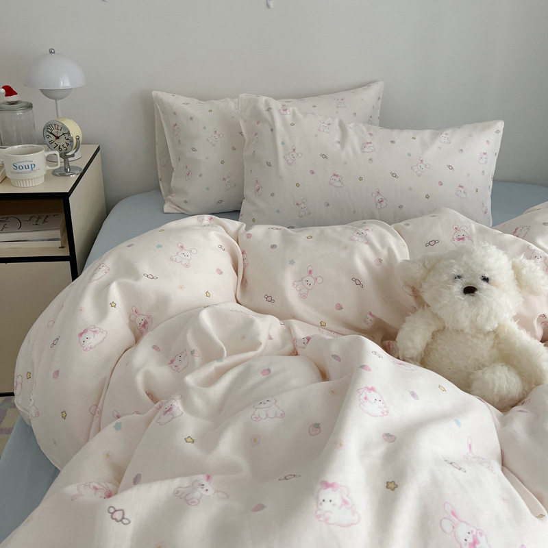 Small Fresh Girly Heart Cute Dog Double-Layer Gauze Quilt Cover Pure Cotton Type a 4-Piece Dormitory Three-Piece Set