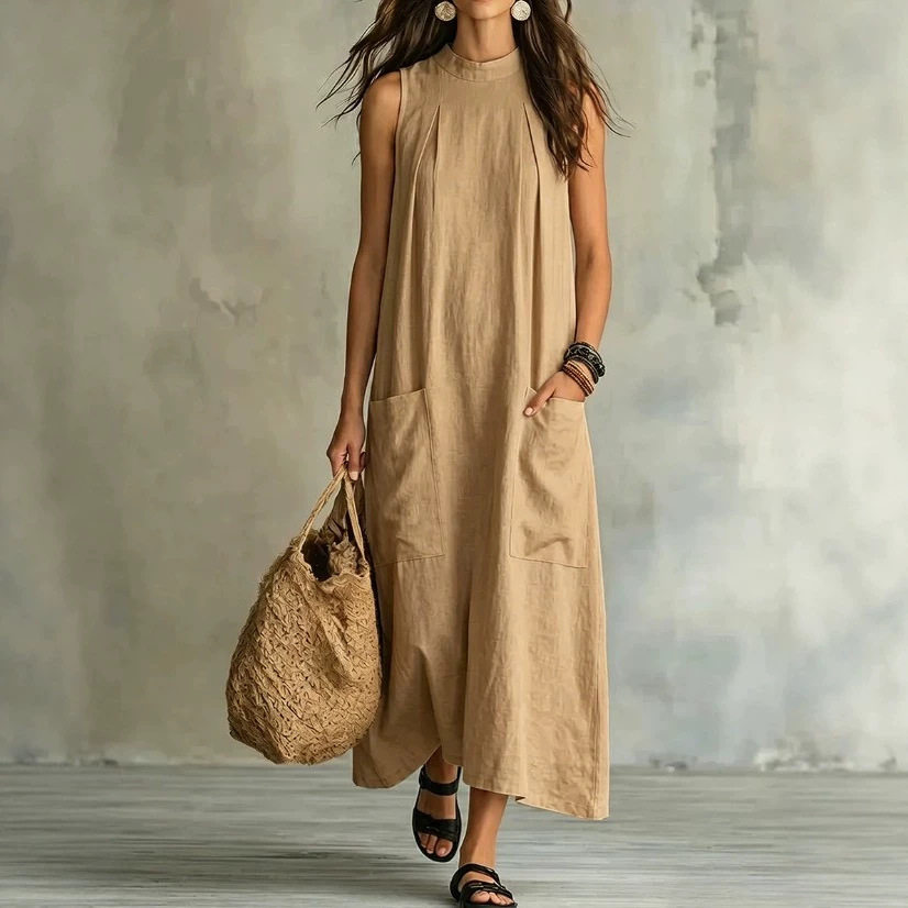 Elegant Sleeveless Round Neck Dress Solid Color Pocket Design Lightweight Fabric Spring Summer Fashion Wholesale