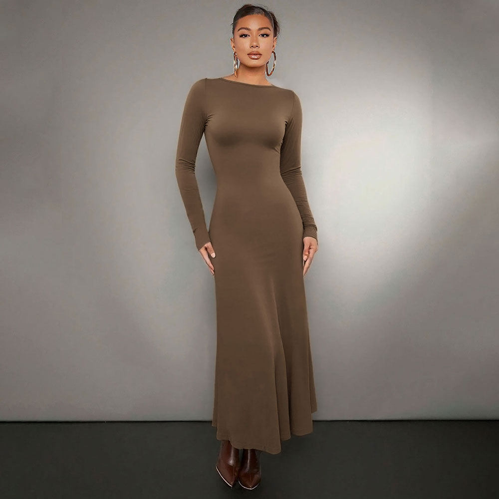Solid Color Long Sleeve Bodycon Dress Mermaid Hem Off Shoulder Neckline Mid Length Perfect for Parties and Events