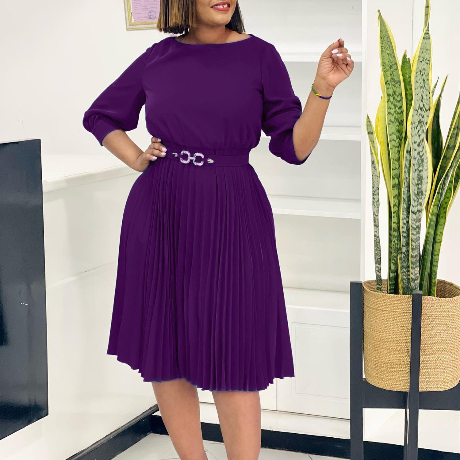Elegant Womens African Dress Round Neck Three Quarter Sleeve Pleated Design Perfect for Parties and Events