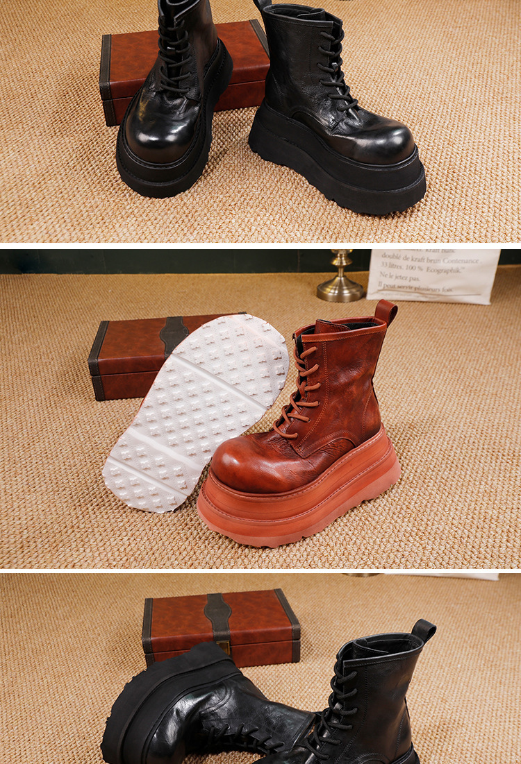 Boot Martin nữ cổ ngắn đế dày, da bò thật buộc dây — đen, nâu