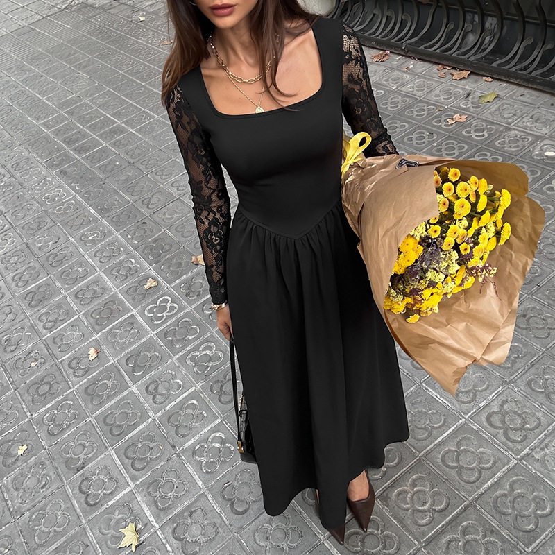 Elegant Black Lace Long Sleeve Dress Square Neck Sophisticated Style Perfect for Evening Events Wholesale Available