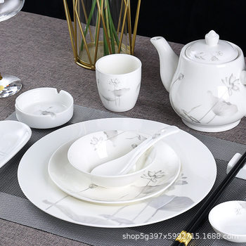 Hotel Tableware Supplies Wholesale White Lotus Dishes and Plates Set Restaurant Ceramic Bowls, Chopsticks and Powder Tableware Set