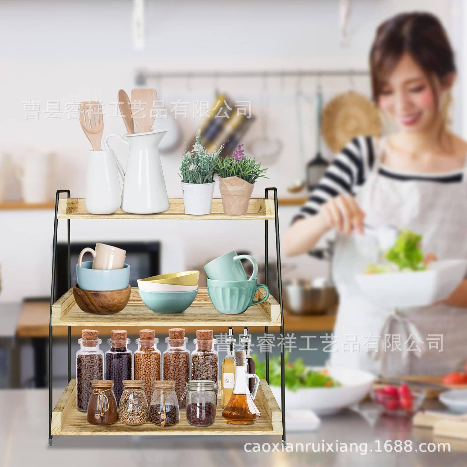 Cross-Border Spot Solid Wood Three-Layer Storage Rack Household Kitchen Spice Organizer Wooden Cosmetics Storage Rack