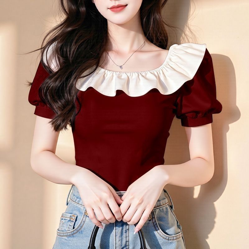 Pink Ruffle Sleeve T Shirt Unique Design Summer Top Casual Wear factory direct