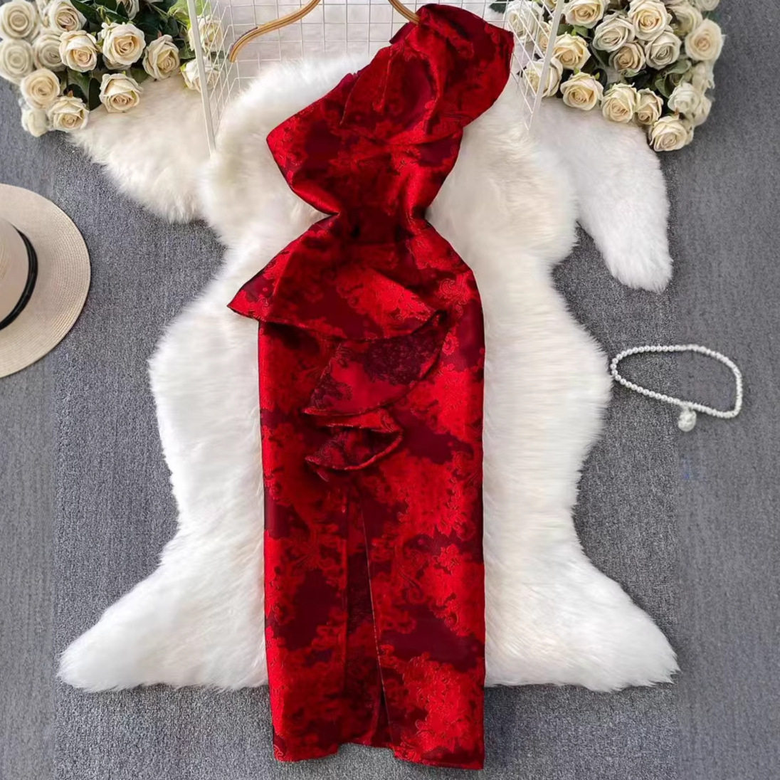 Vintage One Shoulder Ruffle Hem Sleeveless Dress High Waist Slim Fit Side Slit Spring Summer Elegance Wholesale