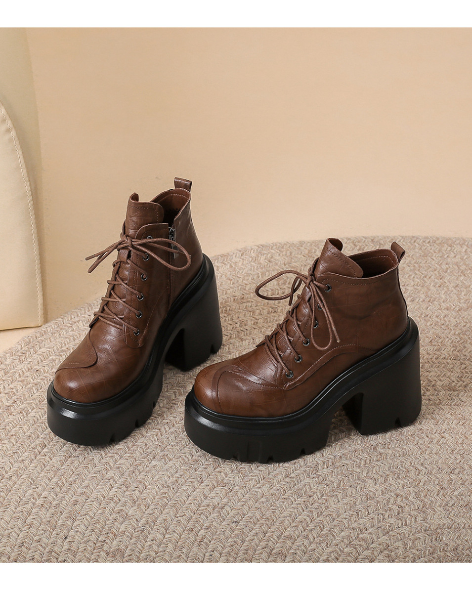Boot Martin nữ da bò thật tăng chiều cao 12cm gót thô đế dày cổ ngắn — Lớp lót đơn màu đen, Lớp lót đơn màu nâu, Lót nhung đen, Lót nhung màu nâu