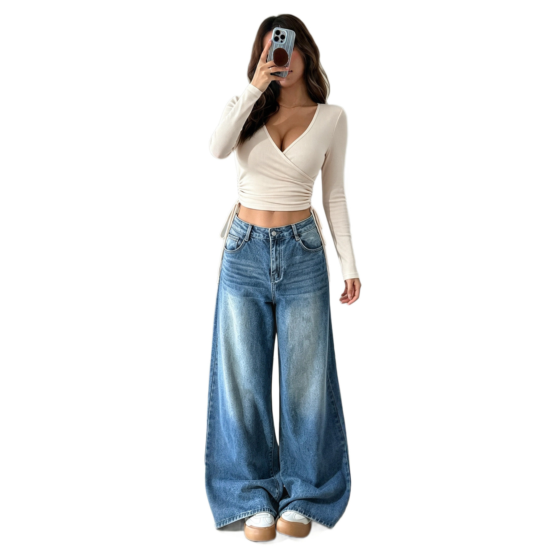 V Neck Long Sleeve Top Side Drawstring Slim Fit Short Length Trendy Casual Wear for Women Wholesale Available