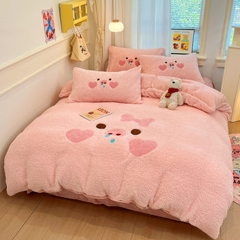Winter Fleece-Lined Thick High-Weight Cartoon Ab Double-Sided Lamb Fleece Four-Piece Set for All Seasons, Coral Fleece Anti-Static