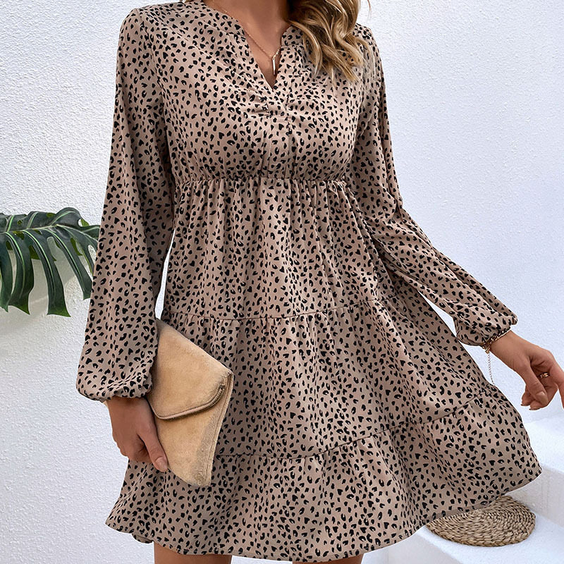 Short Ruffled Leopard Print Dress Long Sleeve Elegant Design Spring Fall Fashion Wholesale Available
