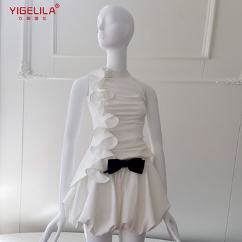 Celebrity Daughter's Ruffled Small Fragrant Flower Sleeveless Bow Two-Piece Elegant White Slimming Look Suit 8440