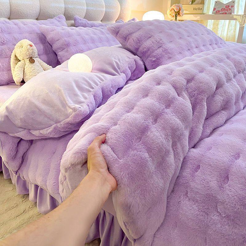 Milk Velvet Four-Piece Bed Skirt Set, Winter Warm Crystal Velvet Bed Bed Sheets, Quilt Cover, Coral Velvet Three-Piece Set, Korean Style Thickeneded