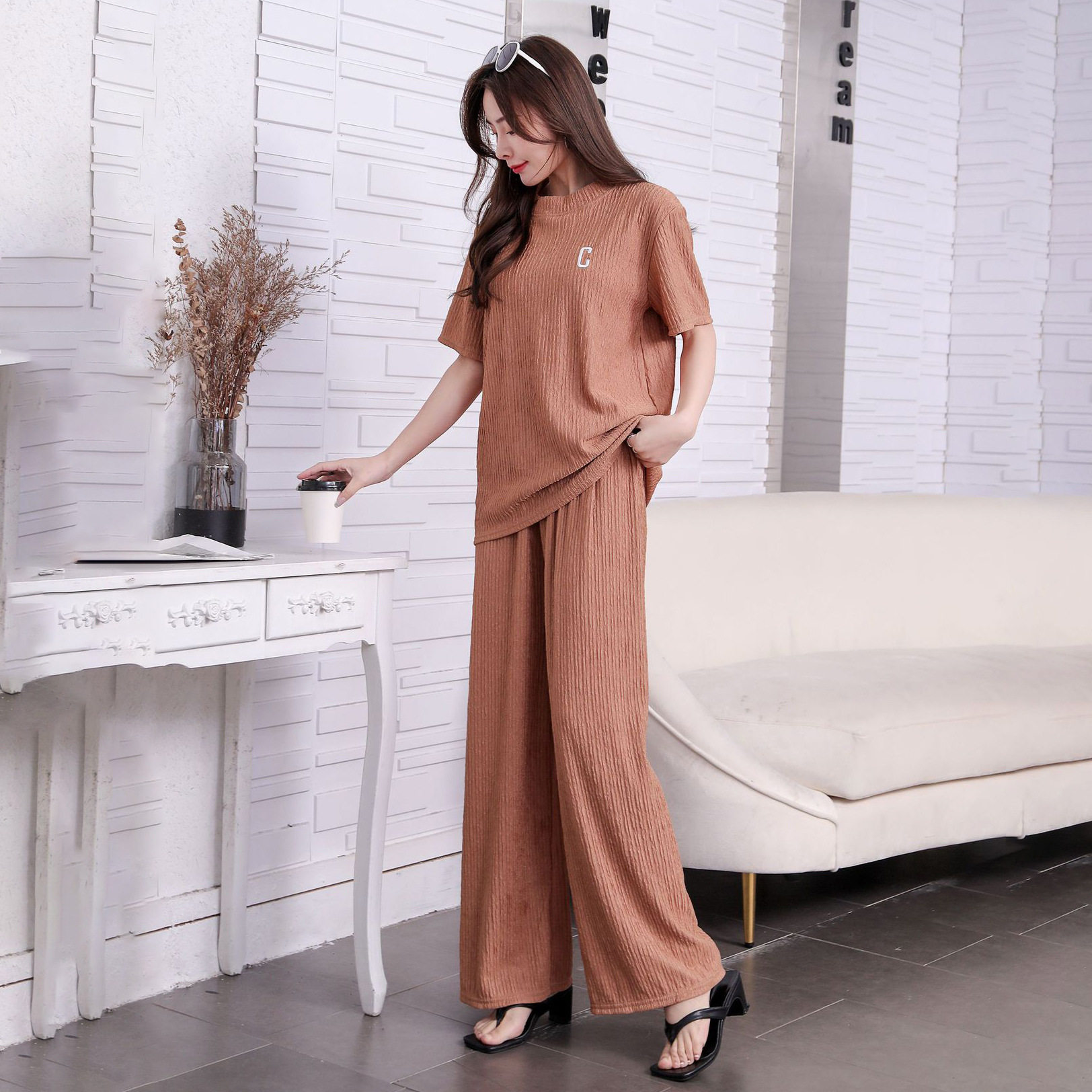 夏季薄款千千叶芊芊叶C字母圆领短袖长裤阔腿裤休闲两件套装女装Y,淘宝优惠券,粉丝福利购,淘宝优惠卷