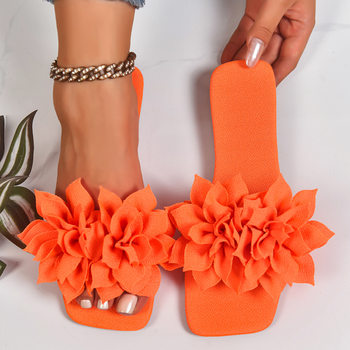 European and American Style Flat Slippers for Women, Solid Color Floral Slip-On Home Slippers for Women