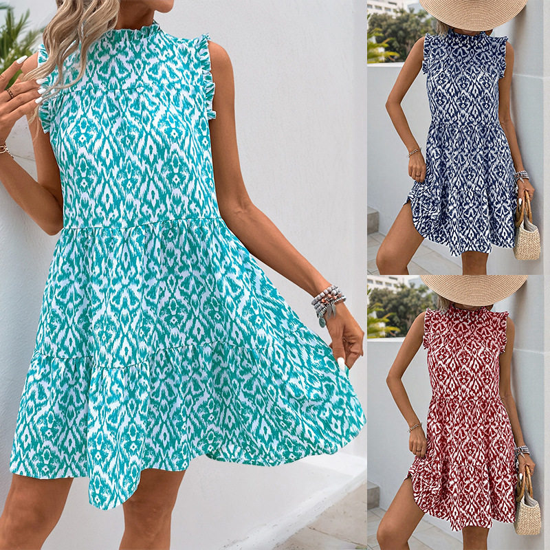 Elegant Abstract Print Sleeveless Midi Dress Summer Collection High Neck European Style Wholesale Available
