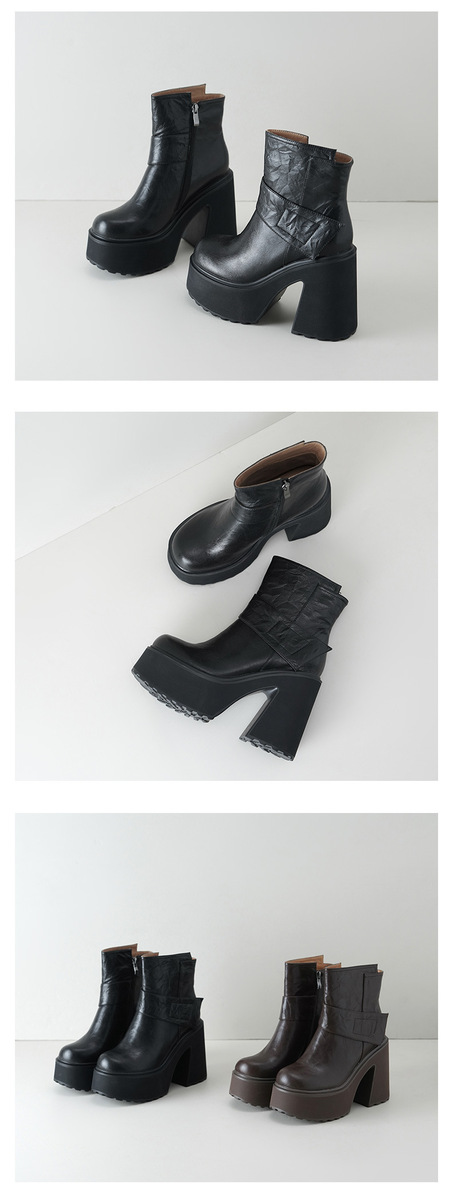 Boot nữ da cừu gót thô đế dày tăng chiều cao khóa kéo bên hông — Lớp lót đơn màu đen, Lớp lót đơn màu nâu, Lót nhung đen, Lót nhung màu nâu