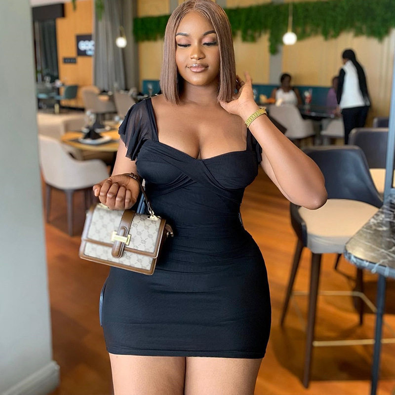 Short Sleeve Square Neck Bodycon Dress Solid Color Ruched Sexy Fit Spring Fashion for Women OEM Available
