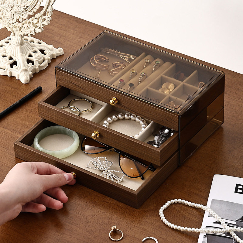 Walnut Color Three-In-One Jewelry Storage Box Multi-Functional Solid Wood Drawer-Type Jewelry Box Dust-Proof and Moisture-Proof Jewelry Box