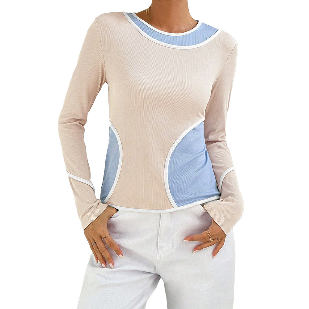 Womens Color Block Long Sleeve Knit Top Slim Fit Stretch Fabric Versatile Style Perfect for Casual or Office Wear