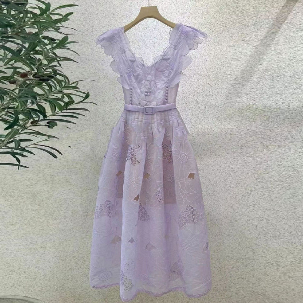 Đầm maxi nữ thắt eo cổ chữ V tay loe họa tiết thêu 3D — Hồng mặt, Mơ