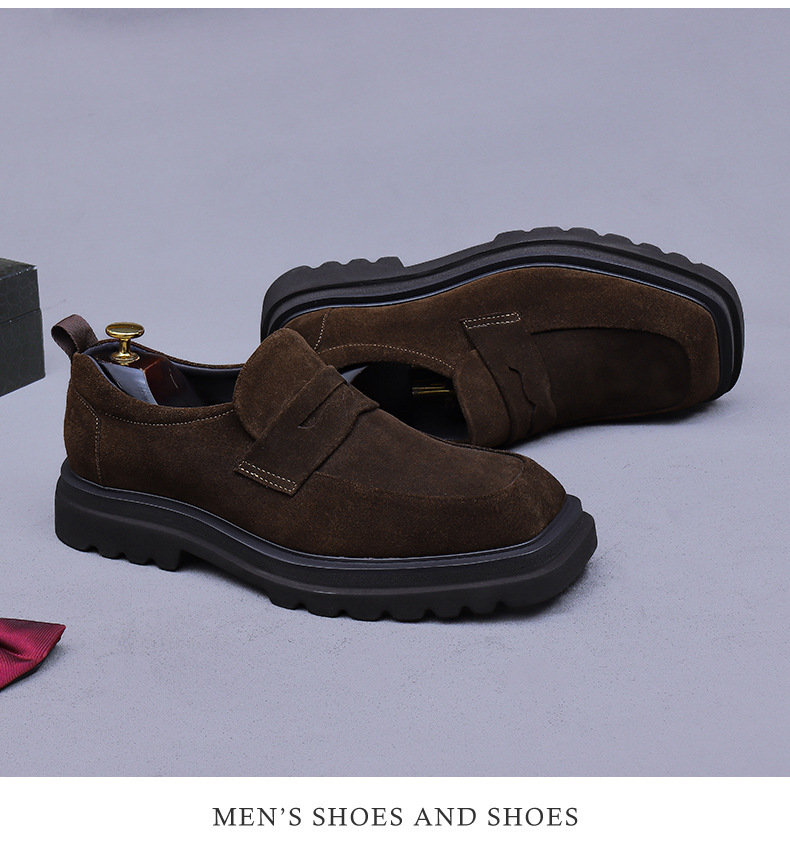 Giày loafer nam da bò lộn đế dày mũi vuông phong cách công sở — đen, màu nâu mocha