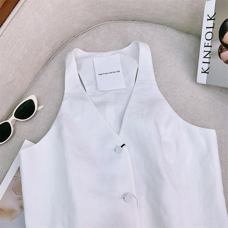 Áo vest nữ vải lanh phối quần, dáng gile không tay phong cách công sở — Ma mi-vest nguyên bản, Màu nâu thuốc lá-Áo vest, Vest trắng vải lanh, Gạo thô-Quần