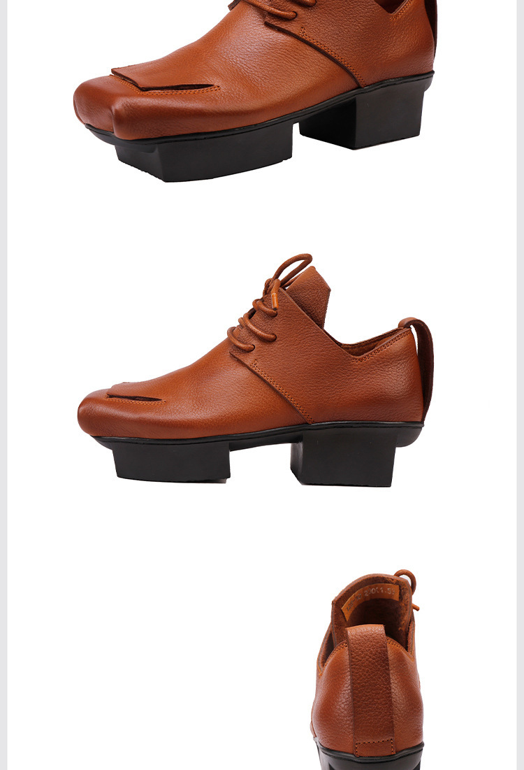 Boot cổ thấp nữ da bò thật buộc dây gót vừa đế xuồng — đen, màu nâu