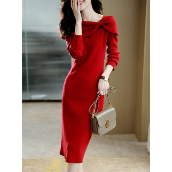 One-Line Collar Long Knitted Knitwear Dress 2025 Autumn and Winter New Design Bow Pure Color Elegant Knitted Skirt