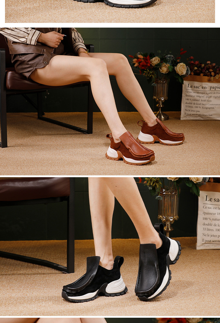 Giày sneaker nữ da bò thật đầu tròn gót vừa phong cách thanh lịch — đen, màu nâu