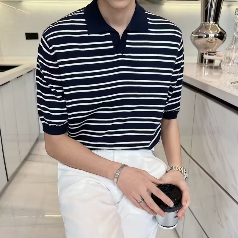 2025针织polo衫男日常百搭短袖夏季翻领简约半袖轻熟休闲条纹上衣