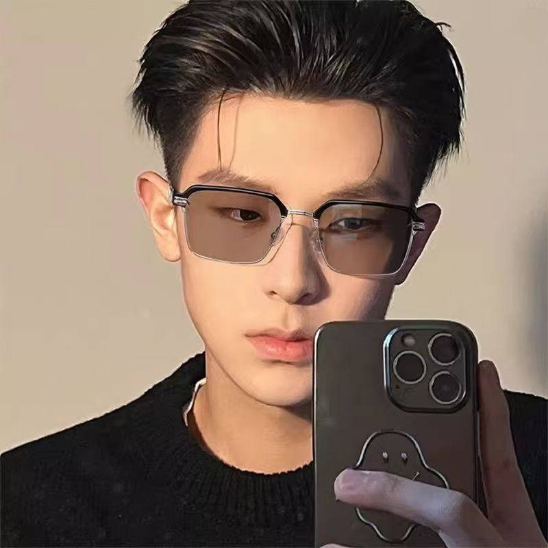 Eyebrow Line Half-Frame Color-Changing Glasses Anti-Blue Light Myopia Glasses Men's High-Value Glasses Frame High-Sense Flat Glasses for Women