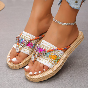 Bohemian Style Flat Large Size Flip-Flops Ethnic Style Beach Shoes Cross-Border 2025 Summer Fashion Fish Mouth Slippers