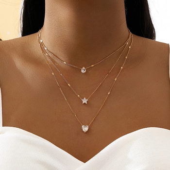 Cross-border foreign trade hot fashion simple multi-layer five-pointed star love water drop pendant vintage necklace clavicle chain
